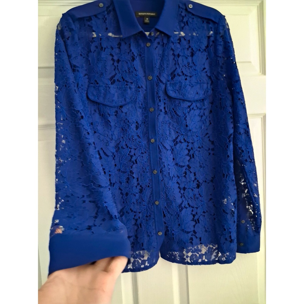 Banana Republic M Cobalt Blue Floral Lace Button Down Blouse Military Sheer